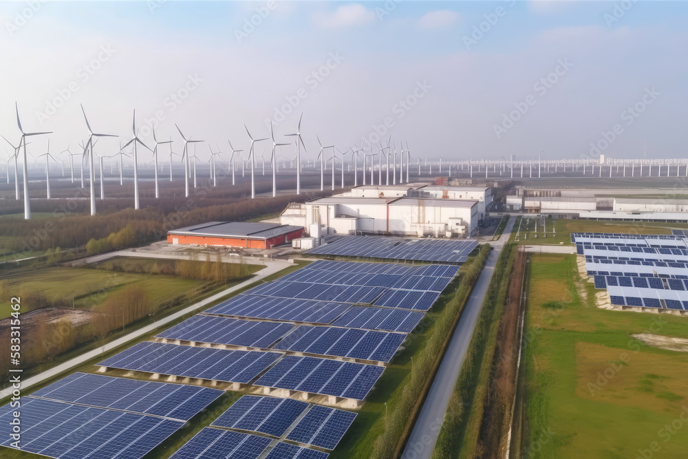 factory with solar panels and wind turbines for sustainable energy production, generative ai factory with solar panels and wind turbines for sustainable energy production, generative ai