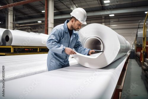 engineer in safety gear inspecting fiberglass panels during the production process at a manufacturing plant, generative ai photo