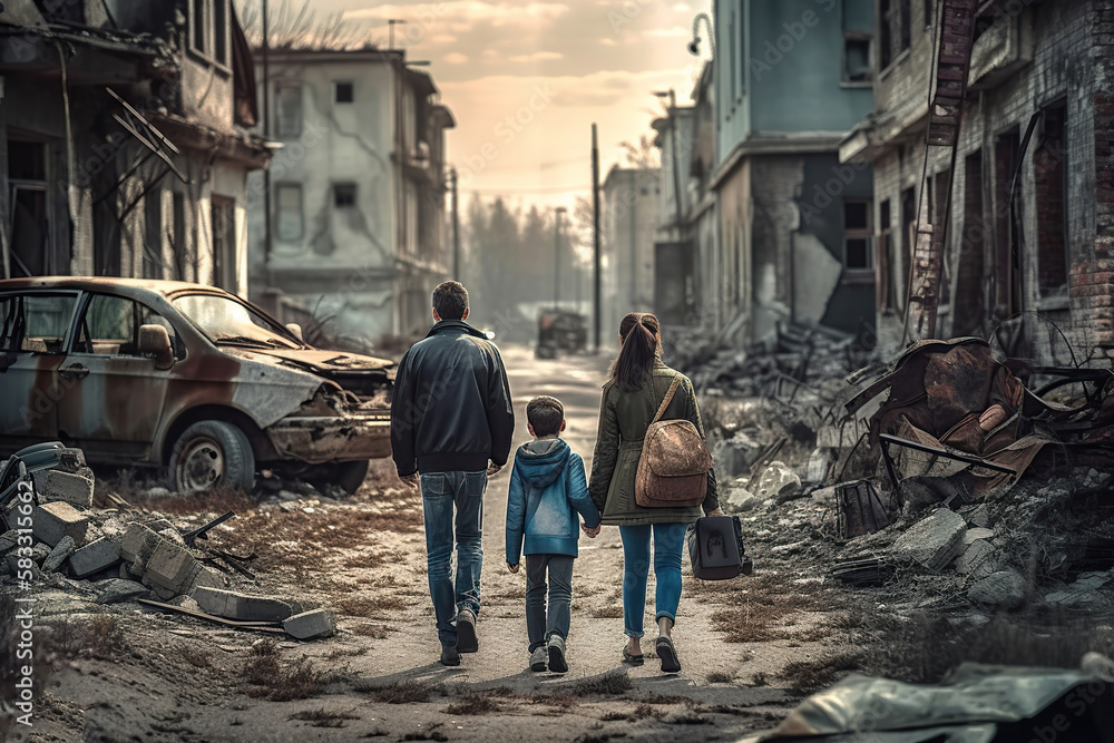  Family of refugees and displaced by war or a natural disaster walking through the streets of a destroyed city. Generated by AI