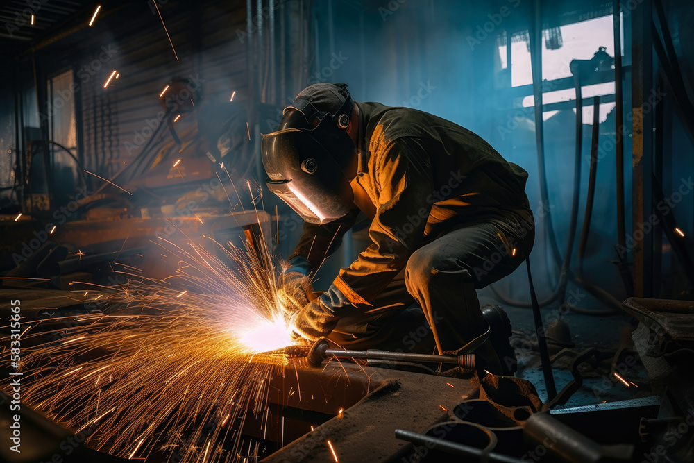 Fiery Sparks Fly as Welders Create Steel Structures in Industrial Setting, generative ai Fiery Sparks Fly as Welders Create Steel Structures in Industrial Setting, generative ai