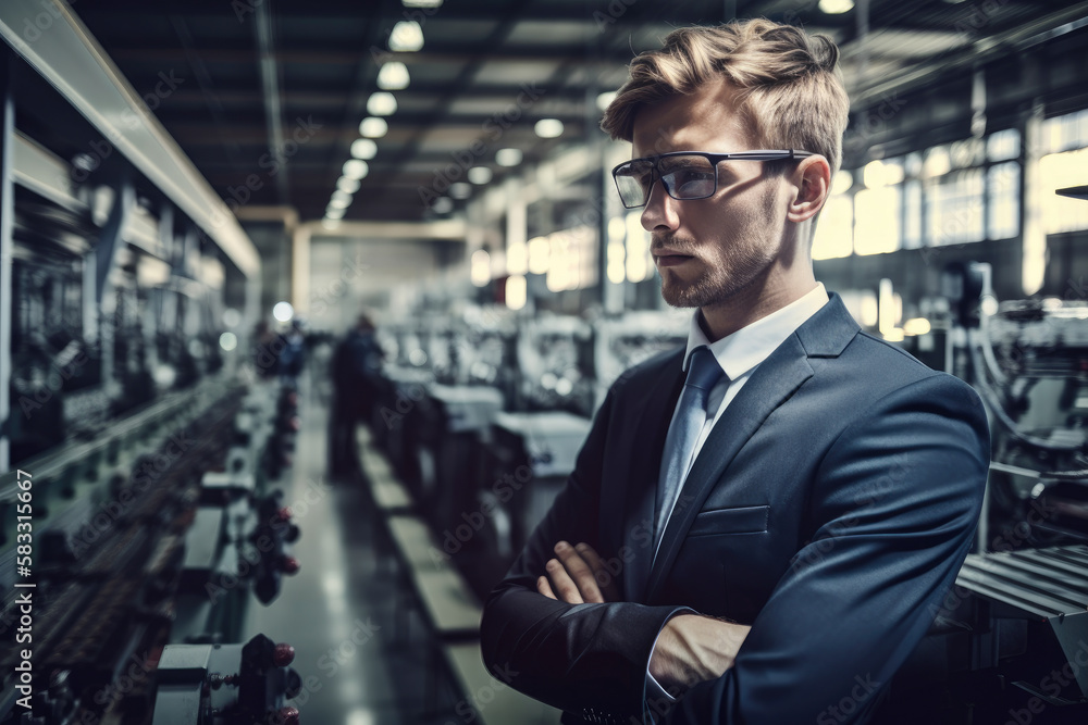 Focused businessman in a suit observing the production line, with complex machinery operating in the background of a modern factory, generative ai Focused businessman in a suit observing the production line, with complex machinery operating in the background of a modern factory, generative ai