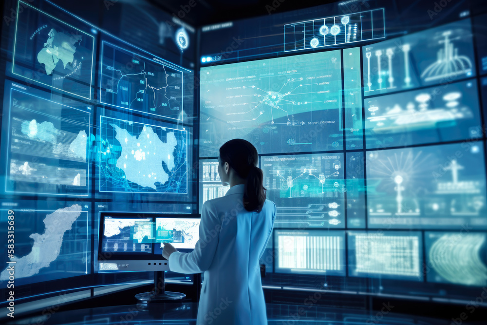 Futuristic holographic display of oil and gas industry data and analytics, monitored by a scientist in a high-tech laboratory, generative ai Futuristic holographic display of oil and gas industry data and analytics, monitored by a scientist in a high-tech laboratory, generative ai