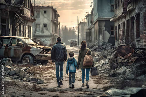  Family of refugees and displaced by war or a natural disaster walking through the streets of a destroyed city. Generated by AI © OscarDiMalva