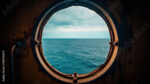 Porthole with ocean view. View of the silent sea surface through a rusty porthole of the ship. Old ship cabin window. Generative AI.