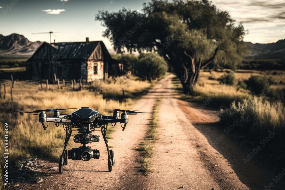 Drone with a camera in a rural environment with old shack in background. Generative AI