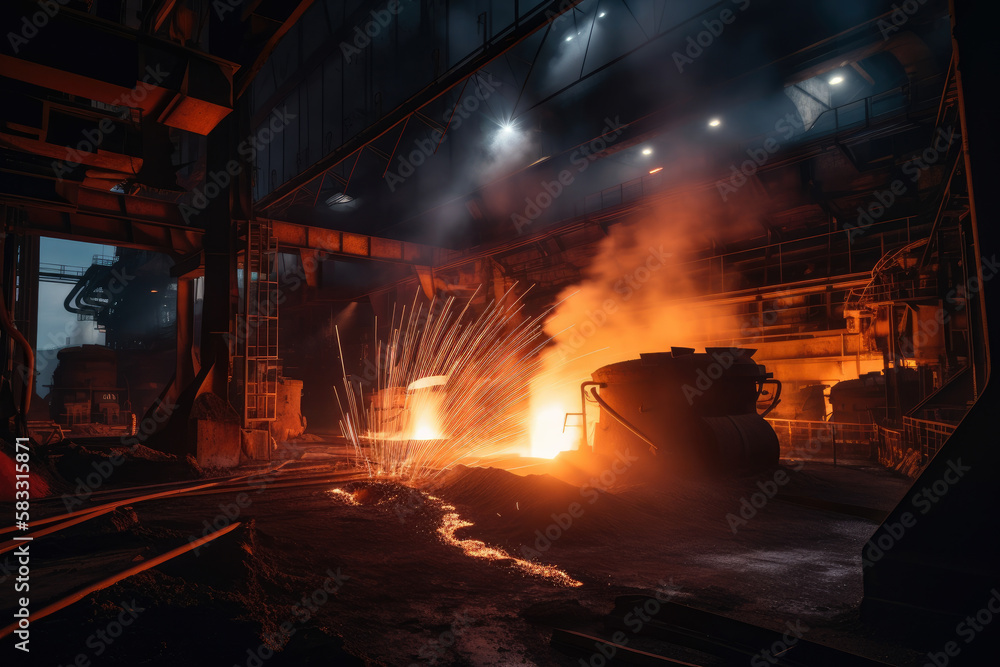 Glowing night view of a large steel mill with fiery sparks and molten metal pouring", generative ai - obrazy, fototapety, plakaty 