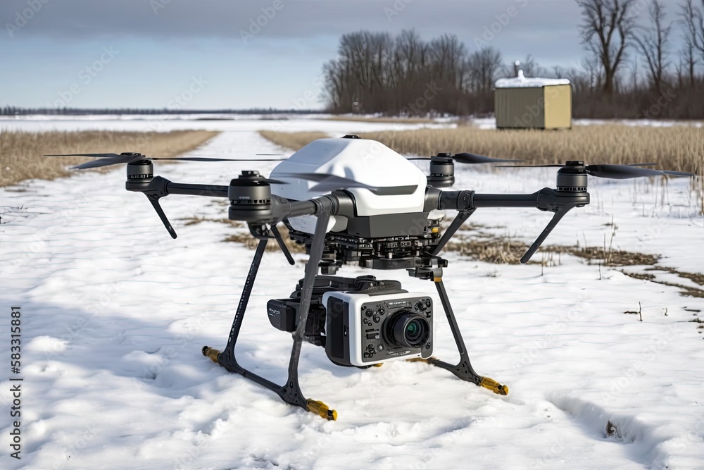 Obraz premium Drone with a camera in a winter rural environment. Generative AI