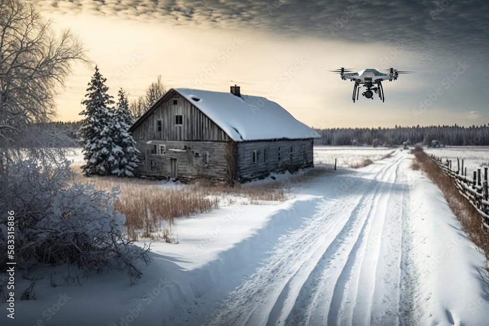 Drone with a camera in a winter rural environment with old house in background. Generative AI