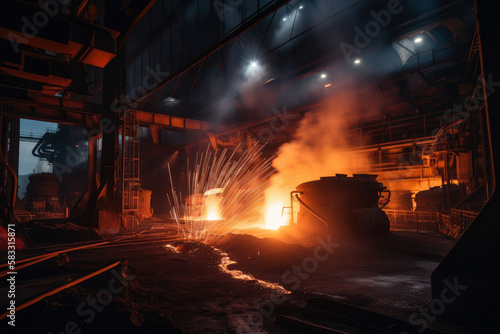 Glowing night view of a large steel mill with fiery sparks and molten metal pouring", generative ai