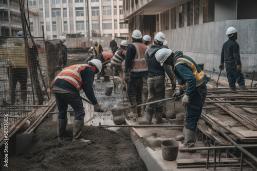 Group of construction workers in work clothes pouring concrete on a building site, with cranes and scaffolding in the background, generative ai
