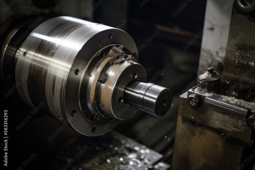 Fototapeta premium Image of a cylindrical part being finished with abrasive wheel in a machine shop, generative ai
