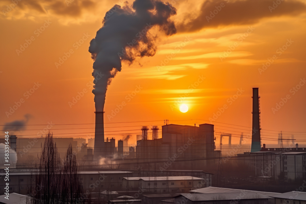 Industrial factory with billowing smokestacks at sunset, symbolizing air pollution and environmental impact, generative ai