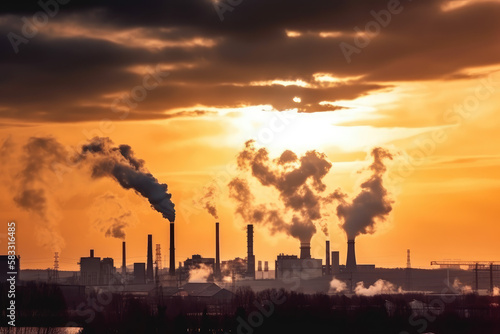 Industrial factory with billowing smokestacks at sunset, symbolizing air pollution and environmental impact, generative ai
