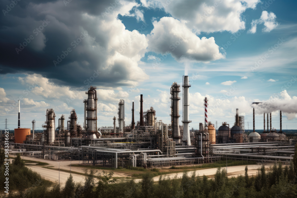 Industrial landscape featuring a large petrochemical plant with distillation towers, storage tanks, and pipelines against a cloud-filled sky, generative ai