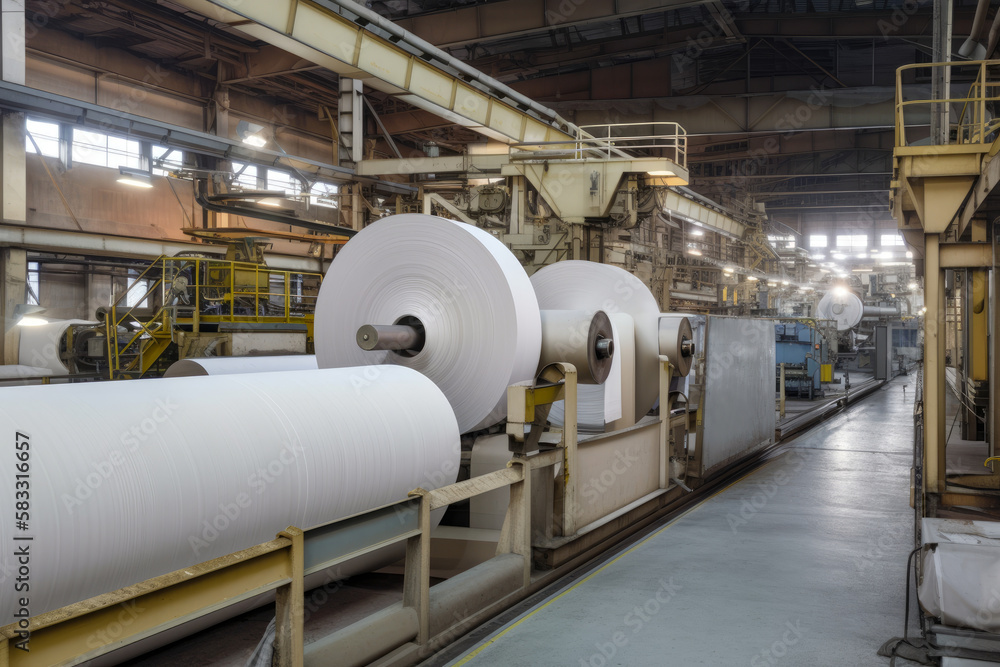 Industrial Paper Mill with Pulp and Paper Rolls, generative ai Industrial Paper Mill with Pulp and Paper Rolls, generative ai