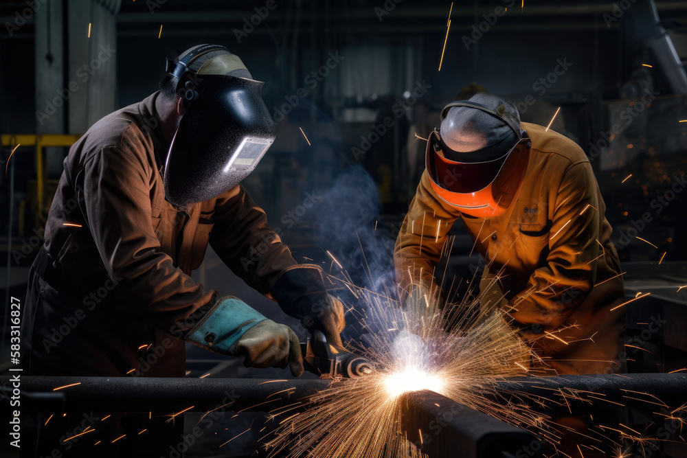 Industrial workers in a busy factory with sparks flying from the machinery and workers in safety gear', generative ai Industrial workers in a busy factory with sparks flying from the machinery and workers in safety gear', generative ai