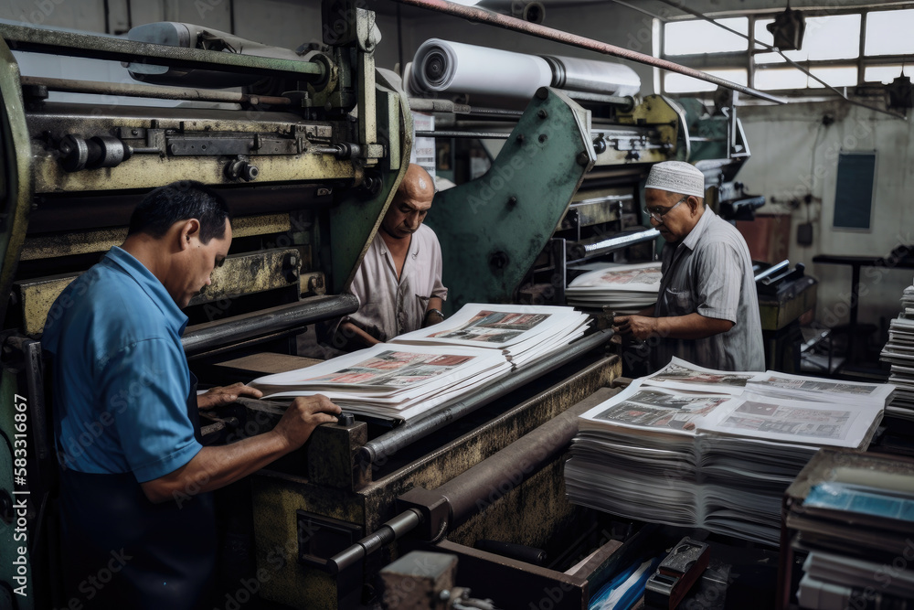 Industrial workers in a printing press printing and binding books', generative ai Industrial workers in a printing press printing and binding books', generative ai