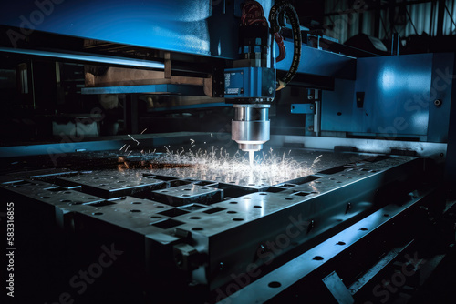 Intense Blue Laser CNC Cutting Steel, Industrial Workshop Scene, generative ai