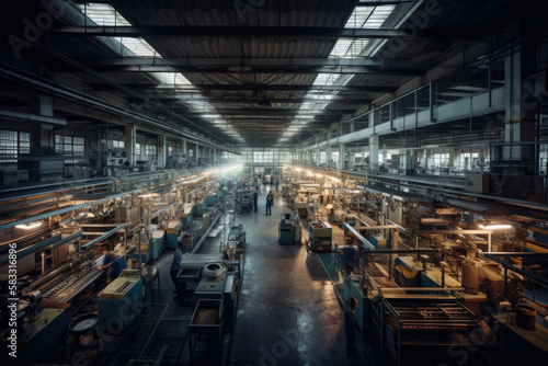 Large factory with a blue-collar workforce, busy assembly lines, and automated machines producing goods in a massive, well-lit warehouse, generative ai
