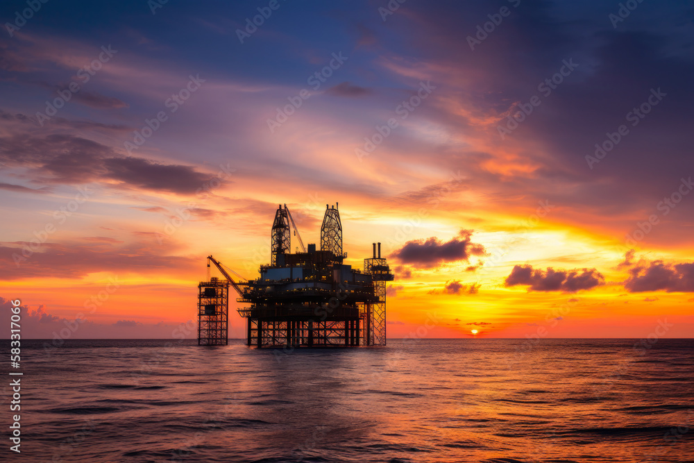 Majestic offshore oil rig platform surrounded by a calm ocean during a mesmerizing sunset, generative ai