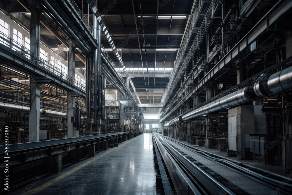 massive factory floor with towering machinery and conveyor belts moving products from one area to another, generative ai massive factory floor with towering machinery and conveyor belts moving products from one area to another, generative ai