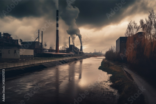 massive steel mill dominating a gloomy, polluted landscape with smokestacks releasing dark clouds and a rusty river running nearby, generative ai