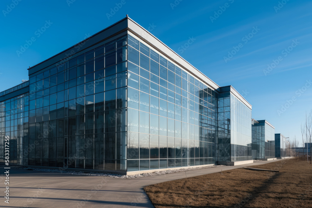Modern factory construction with steel beams and glass walls against a clear blue sky, generative ai Modern factory construction with steel beams and glass walls against a clear blue sky, generative ai