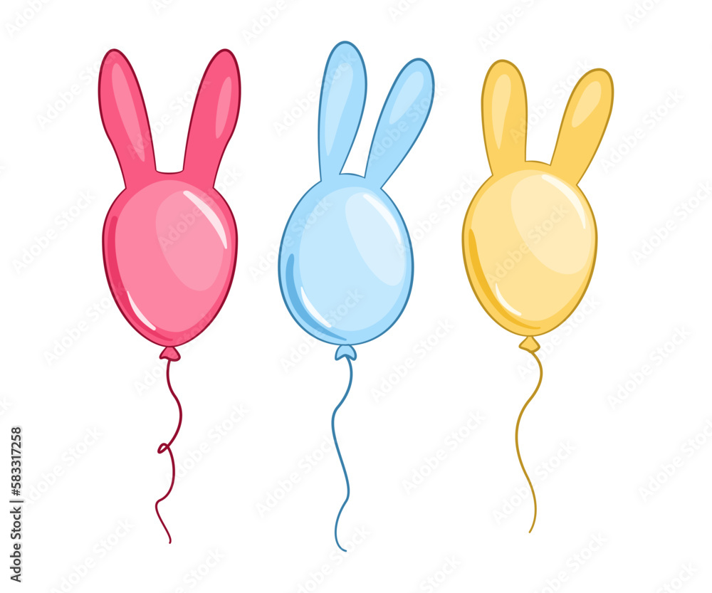 Kolorowe baloniki z króliczymi uszami. Wielkanocna dekoracja. Trzy balony - różowy, niebieski i żółty. Balon - królik. Wektorowa ilustracja. - obrazy, fototapety, plakaty 