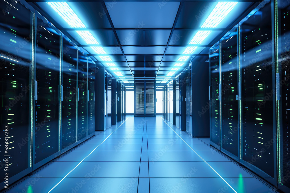 Modern data center facility with rows of server racks, glowing LED ...