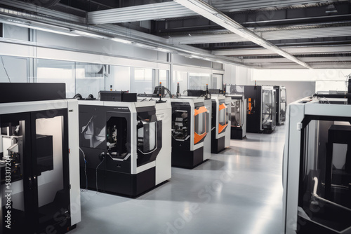 Modern 3D printing facility with multiple machines creating complex objects from various materials, generative ai