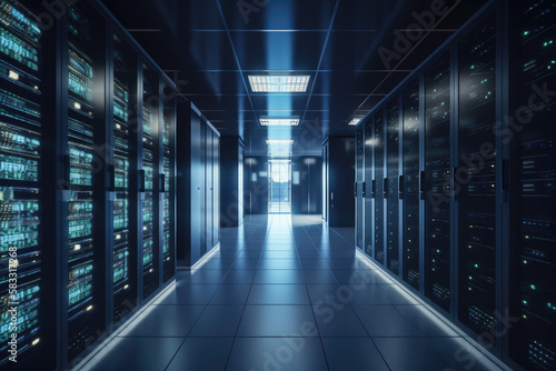 Modern data center facility with rows of server racks, glowing LED lights, and technicians maintaining the equipment, generative ai