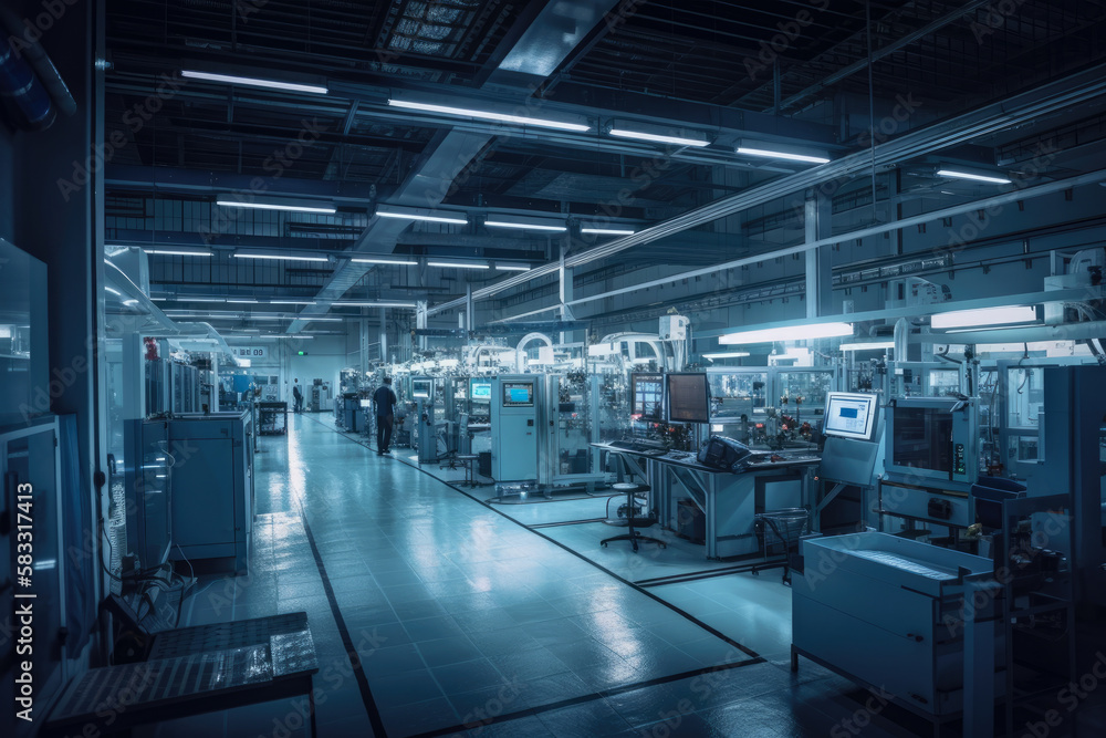 Obraz premium Night scene of a brightly lit, high-tech factory with state-of-the-art robotics and machinery producing electronic components, generative ai