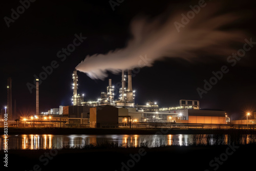 Nighttime view of a sugar factory, with its illuminated structure, smokestacks, and steam rising from the production process, generative ai