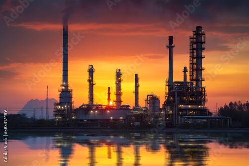 Oil refinery at sunset, emitting smoke while producing fuel for transportation, generative ai
