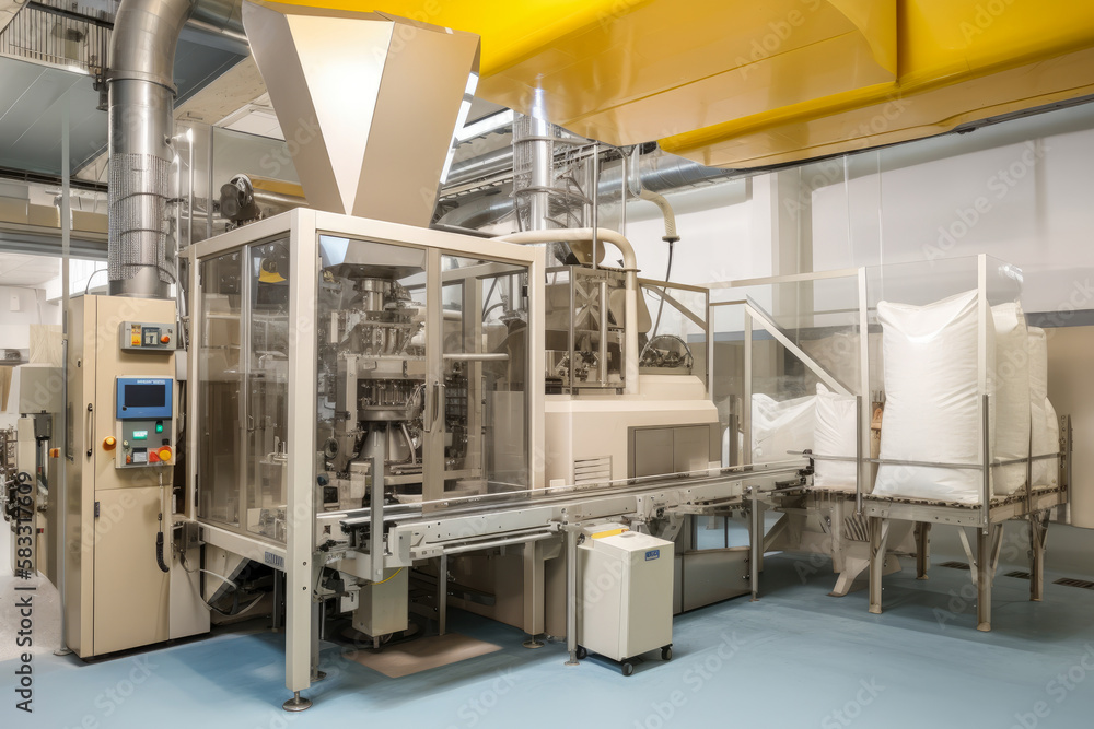 Packaging line in a sugar factory, showing automated machines filling, sealing, and labeling bags of granulated sugar, generative ai