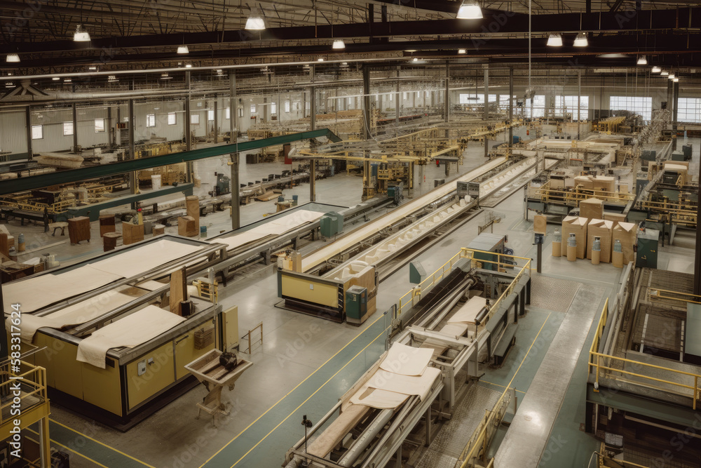 overhead view of an expansive fiberglass production facility with conveyor belts and automated machinery, generative ai