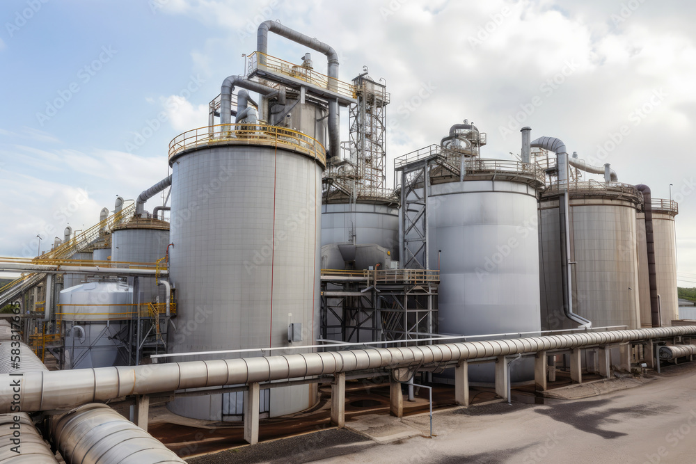 Panoramic view of a sugar factory's exterior, with storage silos, smokestacks, and a network of pipes and conveyors, generative ai Panoramic view of a sugar factory's exterior, with storage silos, smokestacks, and a network of pipes and conveyors, generative ai