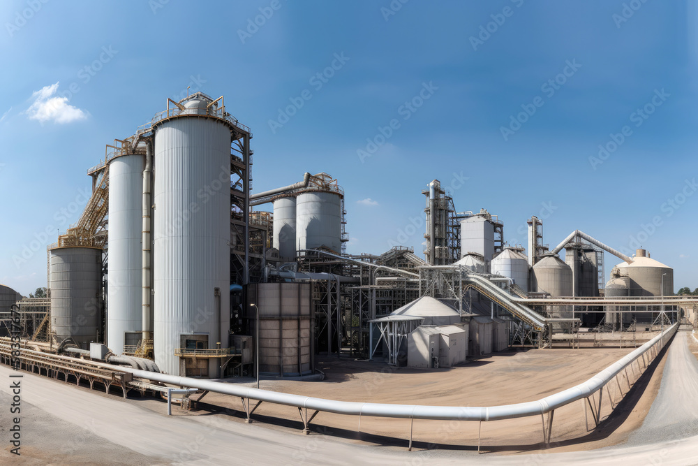 Obraz premium Panoramic view of a sugar factory's exterior, with storage silos, smokestacks, and a network of pipes and conveyors, generative ai