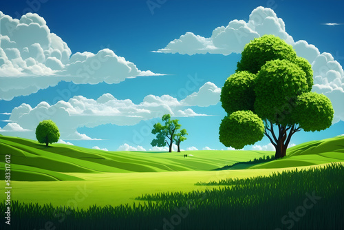 Green fields in the summer with grass, trees, white clouds, and a clear sky. backdrop scenery