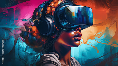 A Girl Wearing a VR Headset against an Abstract Background | Created with Generative AI