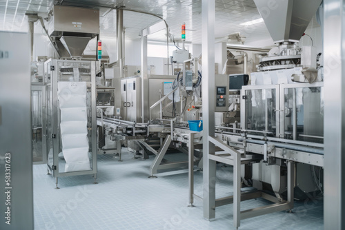 Packaging line in a sugar factory, showing automated machines filling, sealing, and labeling bags of granulated sugar, generative ai