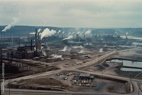 Panoramic view of a sprawling industrial landscape, with large factory buildings, smokestacks emitting steam, and a network of cranes and pipelines, generative ai