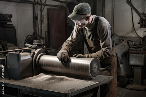 Photo of a factory worker grinding a cylindrical part with an abrasive wheel, generative ai