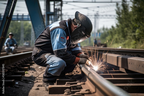 Professional Welders Welding Steel Structures for High-Speed Railway Bridges, generative ai