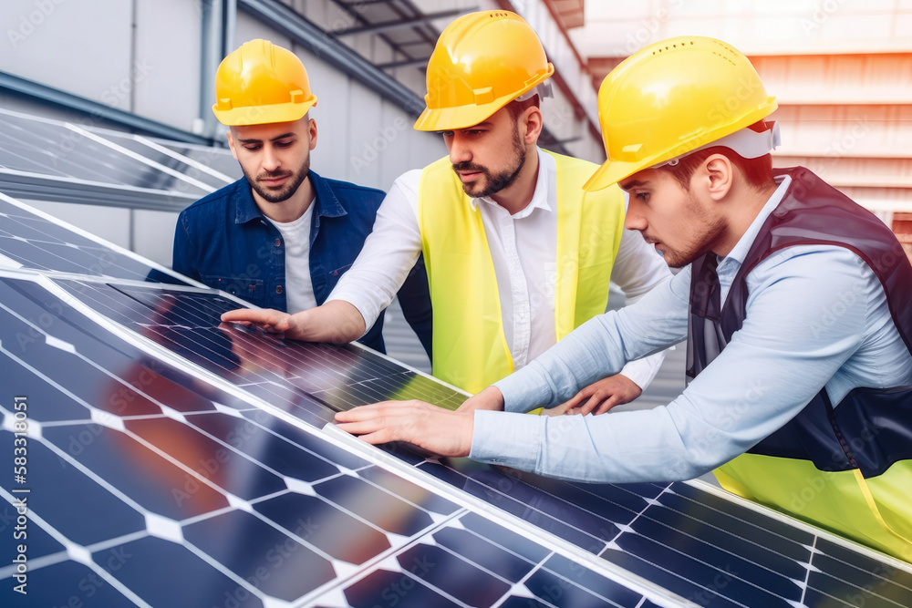 Satisfied employees in a solar panel manufacturing facility examining a completed panel, generative ai Satisfied employees in a solar panel manufacturing facility examining a completed panel, generative ai