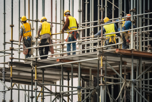 Scaffolding workers installing safety rails on a high-rise construction site, displaying teamwork and precision, generative ai