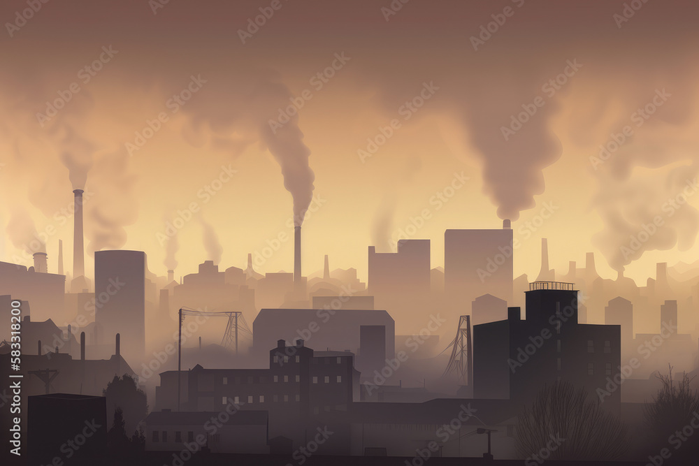Smog-filled urban landscape with silhouettes of industrial buildings and factories, releasing toxic fumes into the polluted air, generative ai