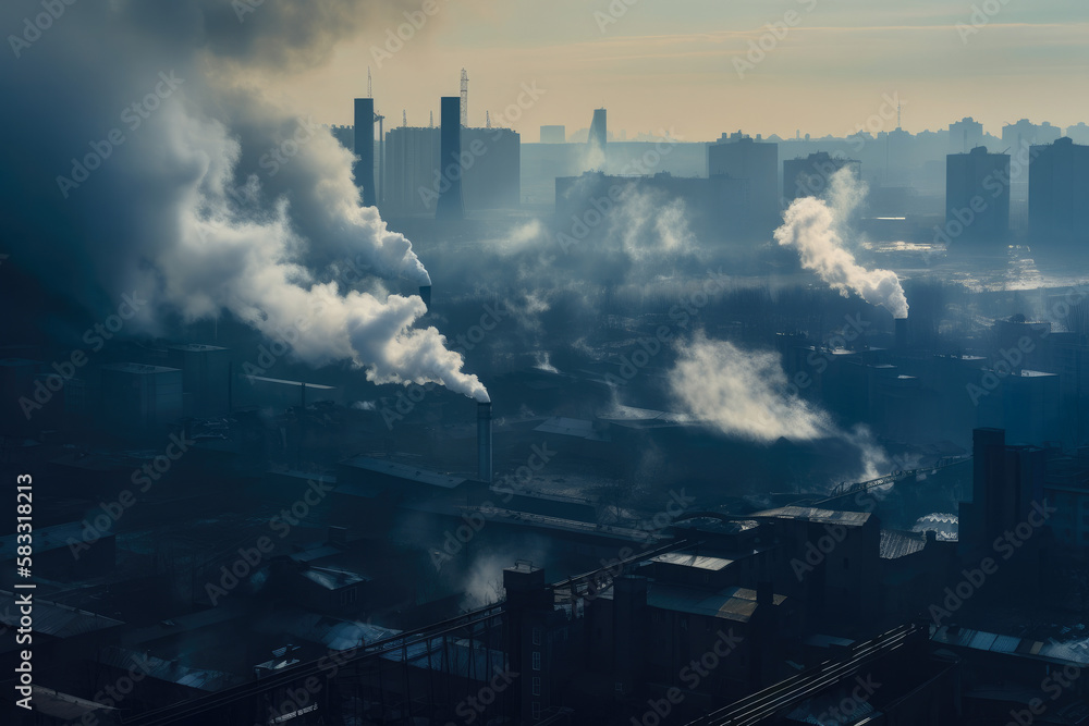 Smoke billowing from factory chimneys in a dystopian industrial landscape, with polluted water and smog-covered cityscape in the background, generative ai