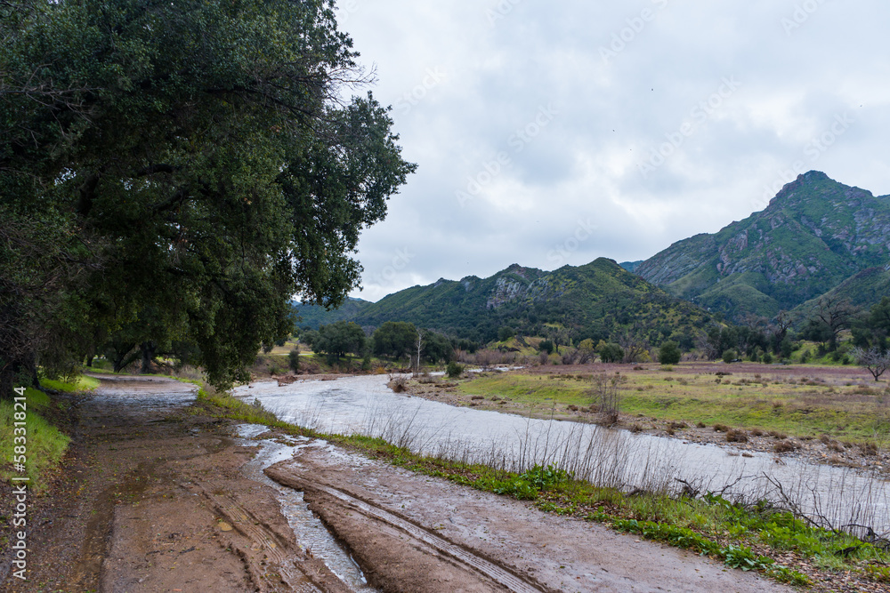 Malibu Creek State Park muddy after a large rainfall in southern California. Streams overflowing, lush green grass, large oak trees, clouds, dam rushing, water flowing. Malibu Creek State Park muddy after a large rainfall in southern California. Streams overflowing, lush green grass, large oak trees, clouds, dam rushing, water flowing.