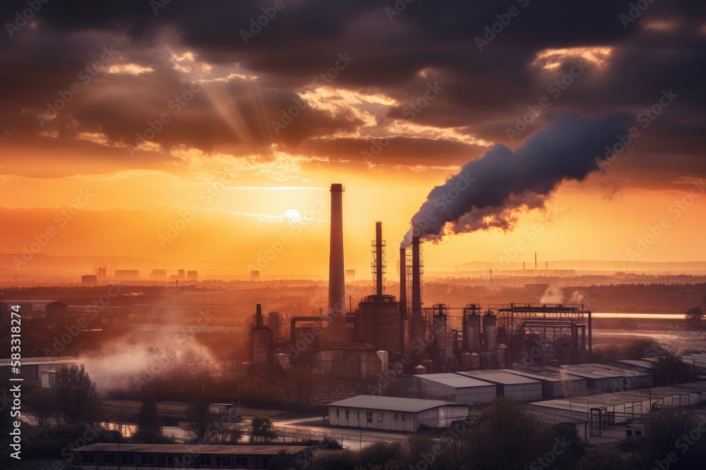 Spectacular sunset over a sprawling industrial complex with smokestacks and machinery